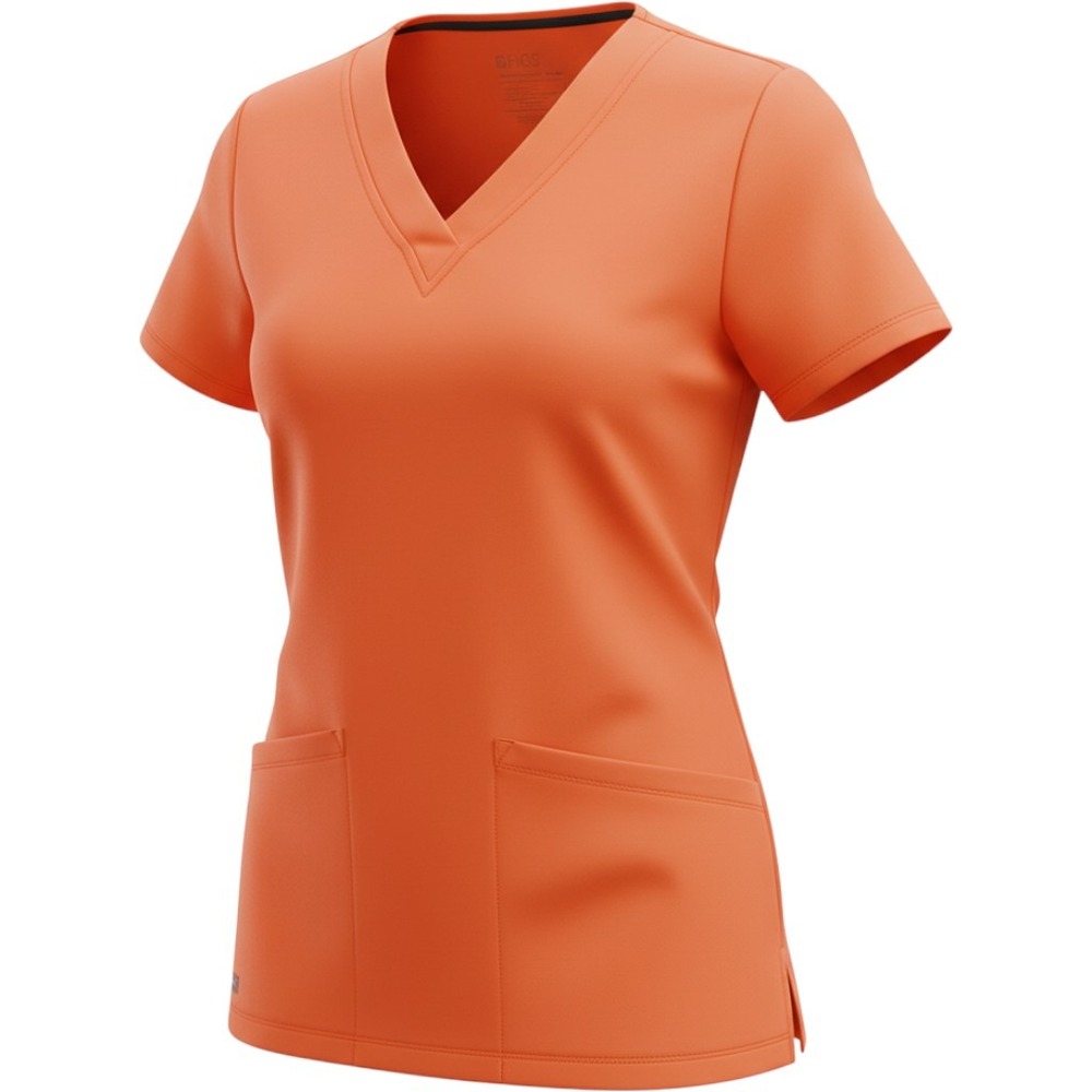 FIGS Technical Collection V-Neck Scrub Top Coral Orange Medium 3-Pocket 6382